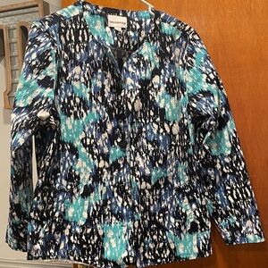Breckenridge Navy Teal & White Abstract Pattern Jacket button front & pockets Lg